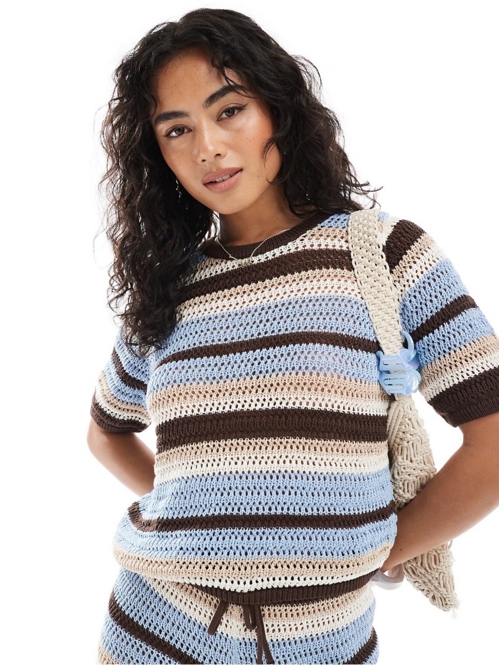 ASOS DESIGN crochet knit boxy T-shirt in blue and brown stripe
